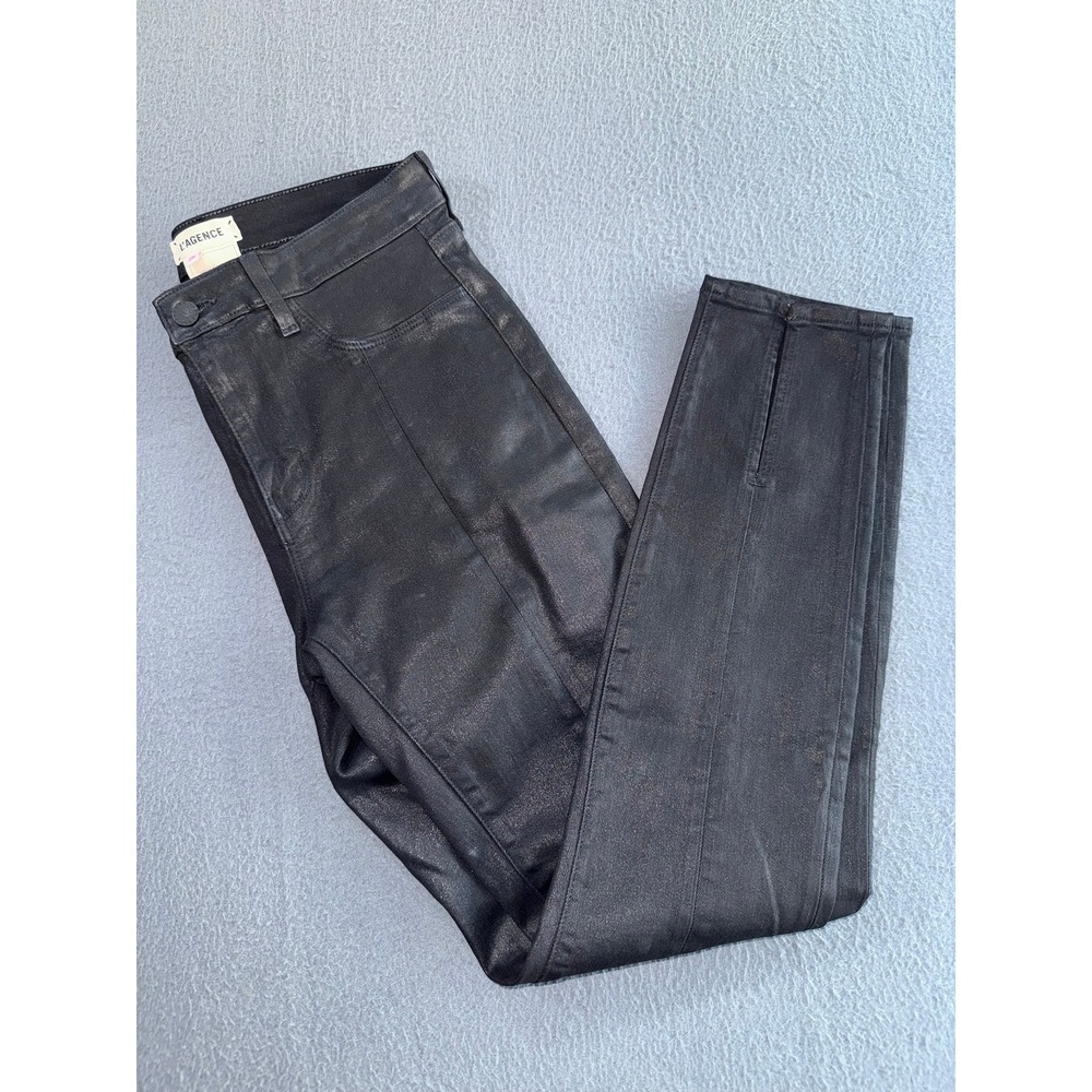 L'AGENCE Jyothi High Rise Coated Skinny Jeans Noir Black Split Hem Size 28 - Picture 4 of 8